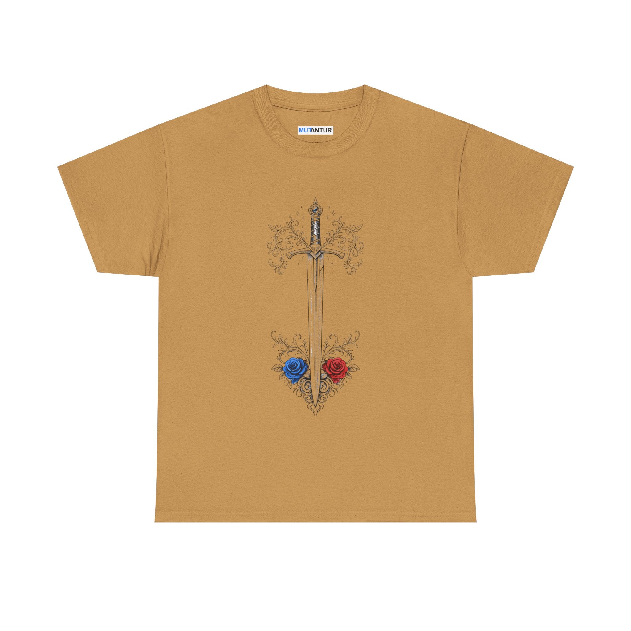 Sword and Roses Graphic Tee — Gothic Floral Sword T‑Shirt (Red & Blue Roses) - Mutantur Labs LLC