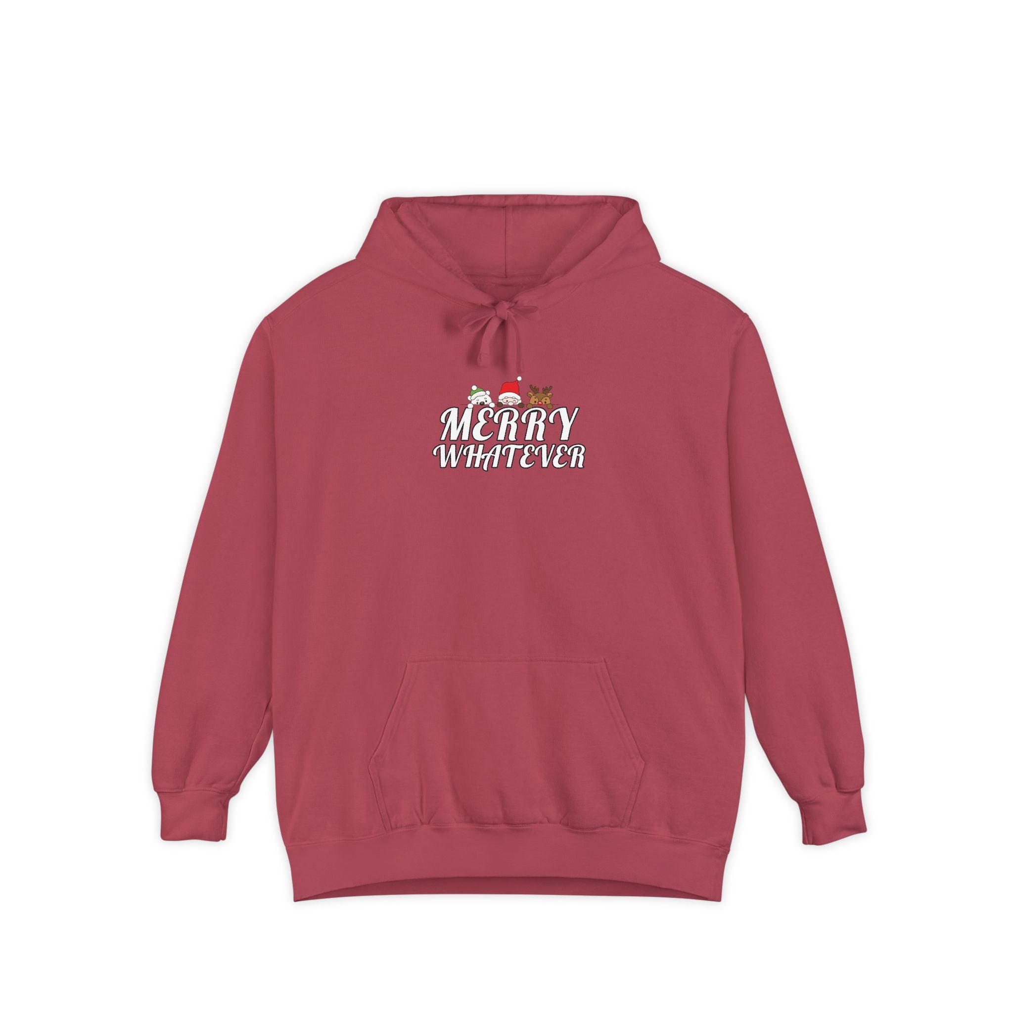 A dusty rose pink pullover hoodie with a front kangaroo pocket and drawstring hood, featuring a 'MERRY WHATEVER' graphic with a small Santa Claus illustration on the chest, displayed against a solid white background.