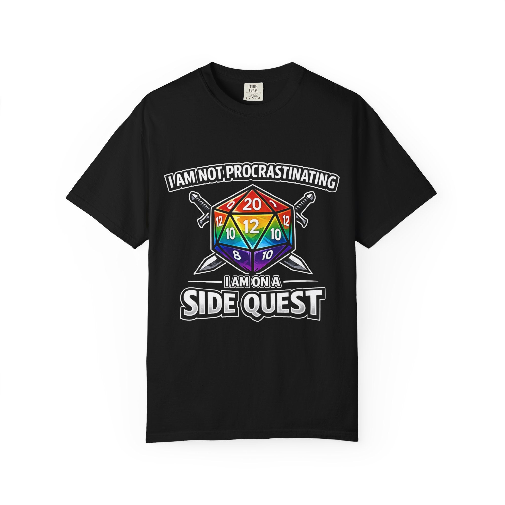 Nerd Humor Gaming I Am Not Procrastinating Side Quest | Rainbow D20 Dice RPG Tee Comfort Colors tee - Mutantur Labs LLC