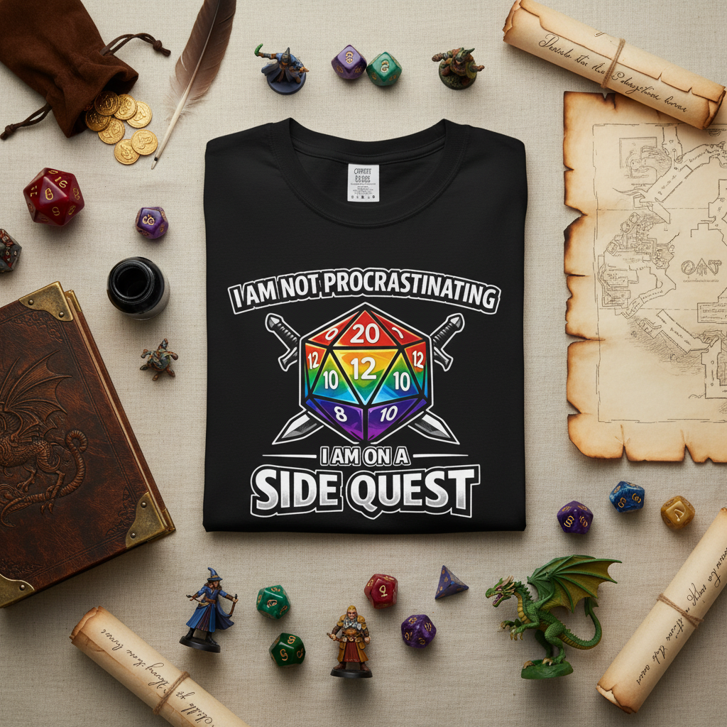 Side Quest D20 dice RPG Comfort Colors tee, flat lay