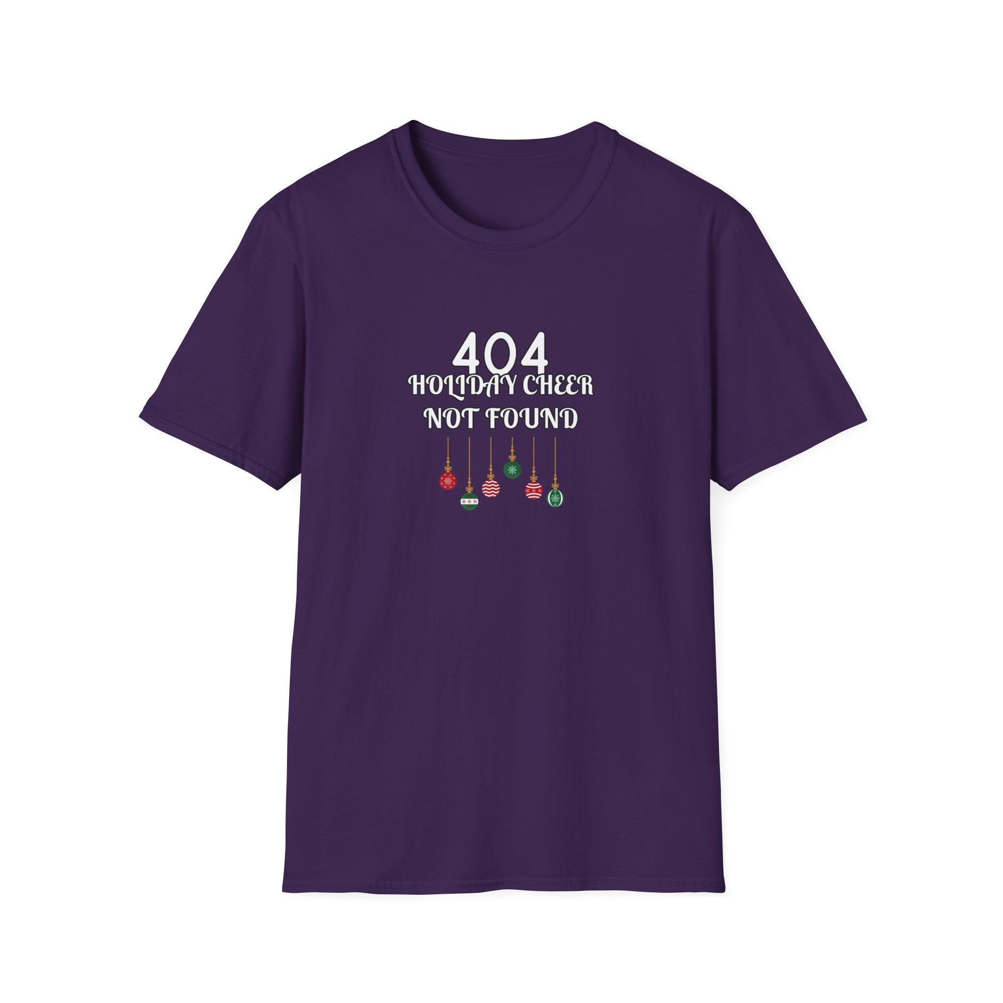 A purple crewneck t-shirt with a graphic on the chest that reads '404 HOLIDAY GIRL NOT FOUND' in white text above three small hanging ornaments in red, green, and black, displayed on a solid white background.