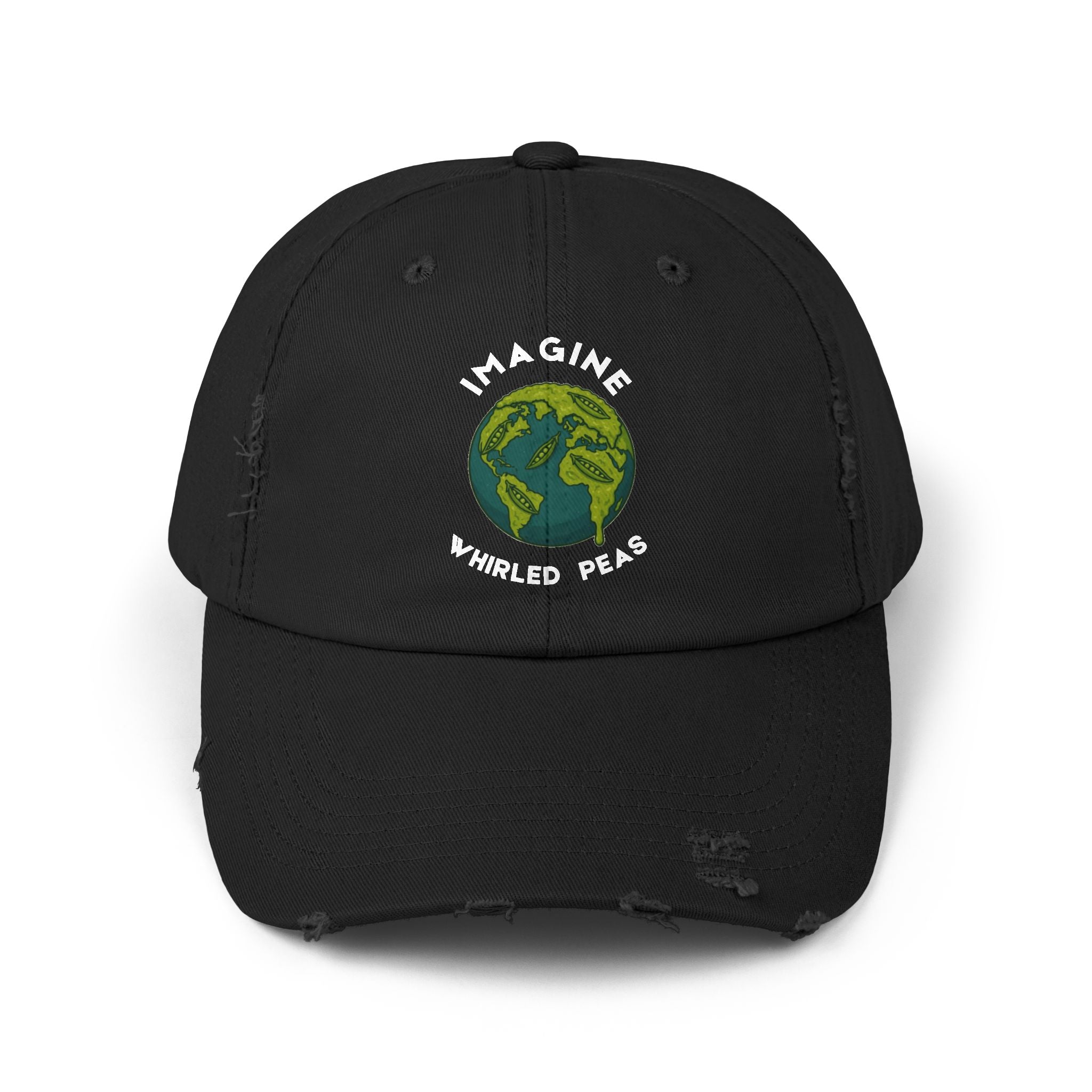 Imagine Whirled Peas pun Unisex Distressed Cap with Planet design - Mutantur Labs LLC