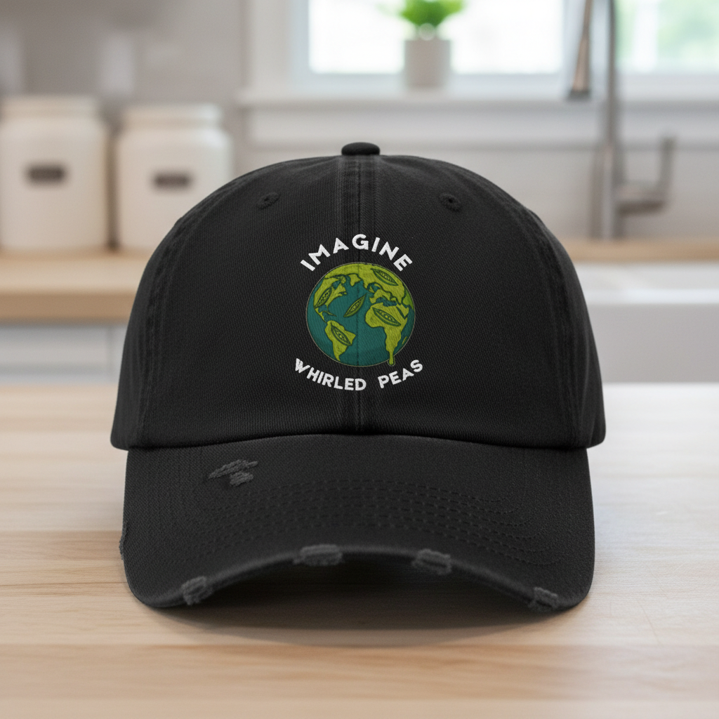 Imagine Whirled Peas pun planet graphic distressed cap in black, close-up shown on a kitchen counter with a potted plant and window in the background