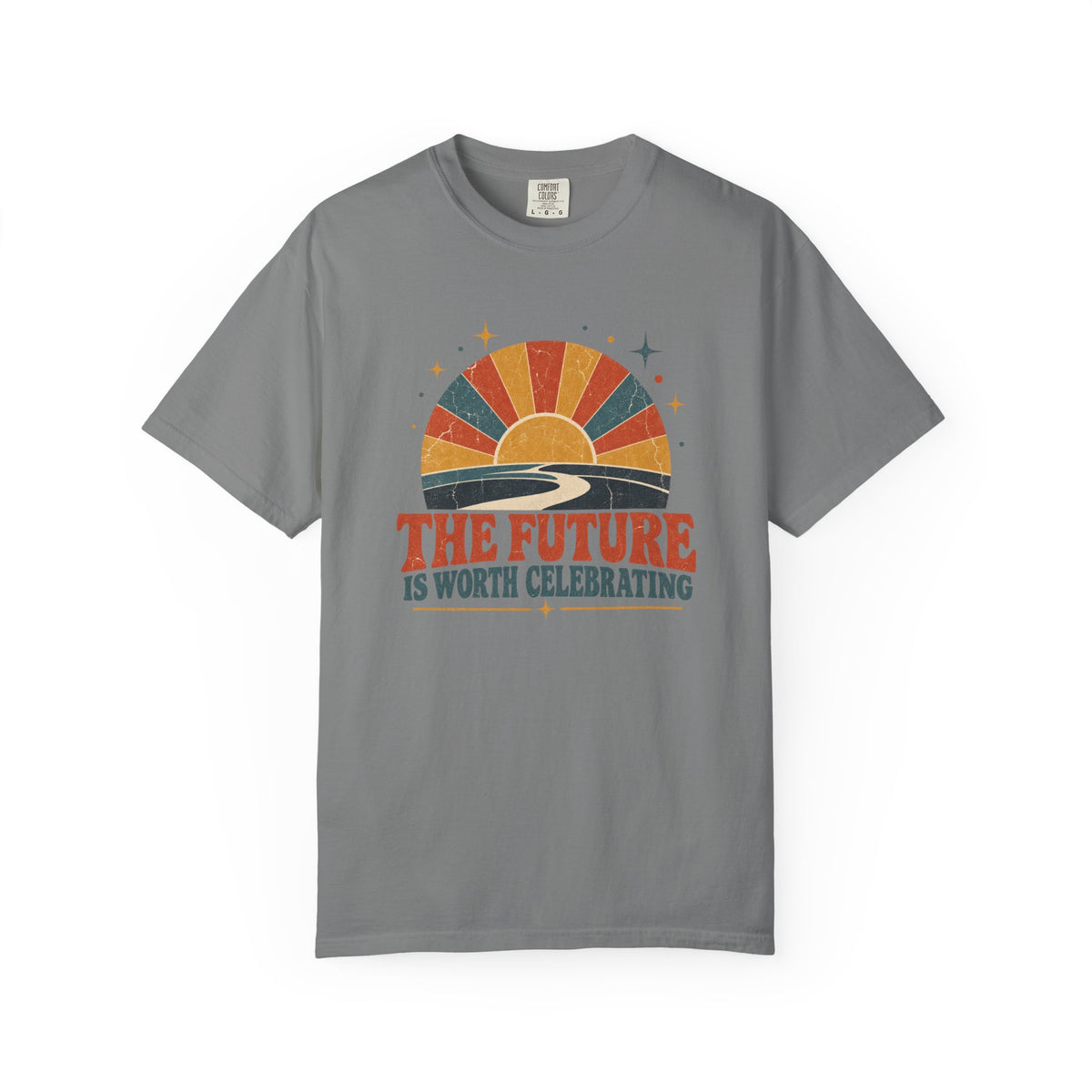 A gray short-sleeve t-shirt with a retro sunset graphic and the text 'THE FUTURE IS WORTH CELEBRATING' printed on the chest, displayed against a plain white background.