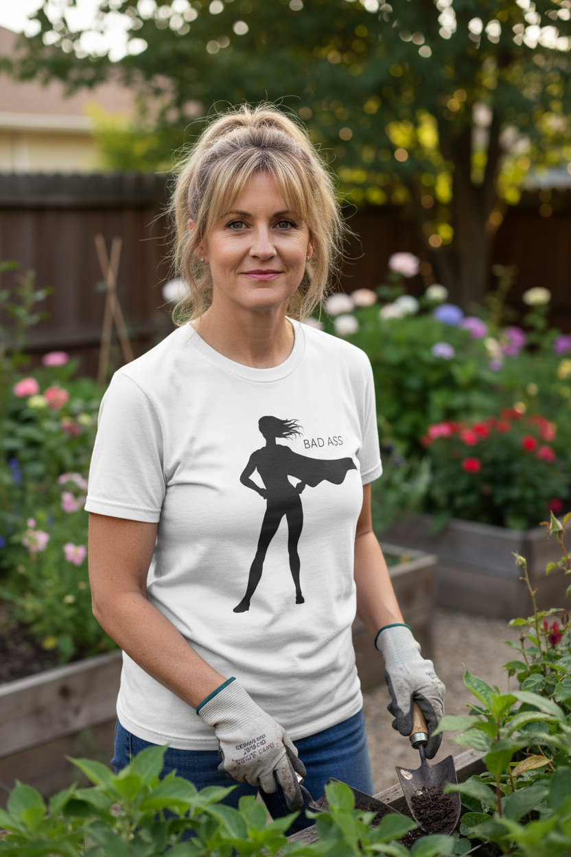 Bad Ass Superhero Silhouette women's tee, lifestyle shot