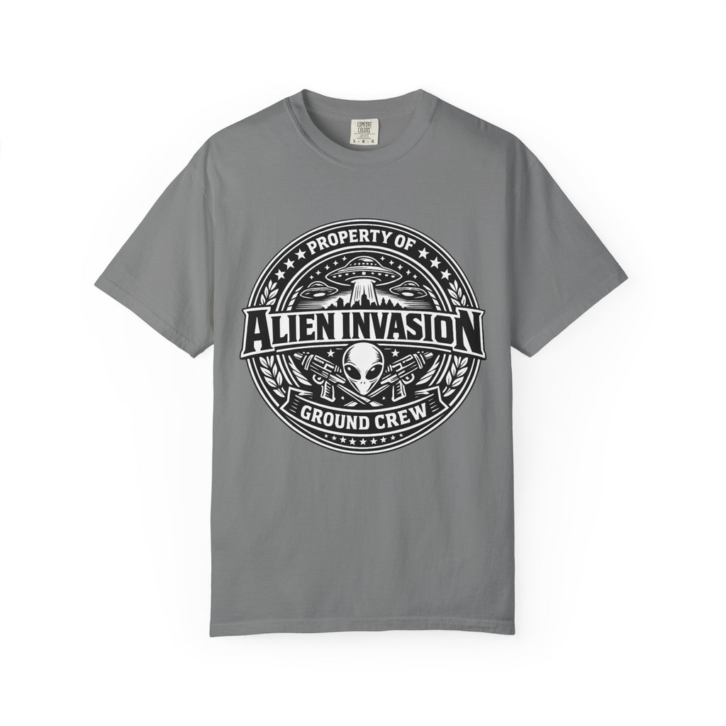 Alien Invasion Ground Crew T-Shirt | UFO Badge Graphic, Comfort Colors tee - Mutantur Labs LLC