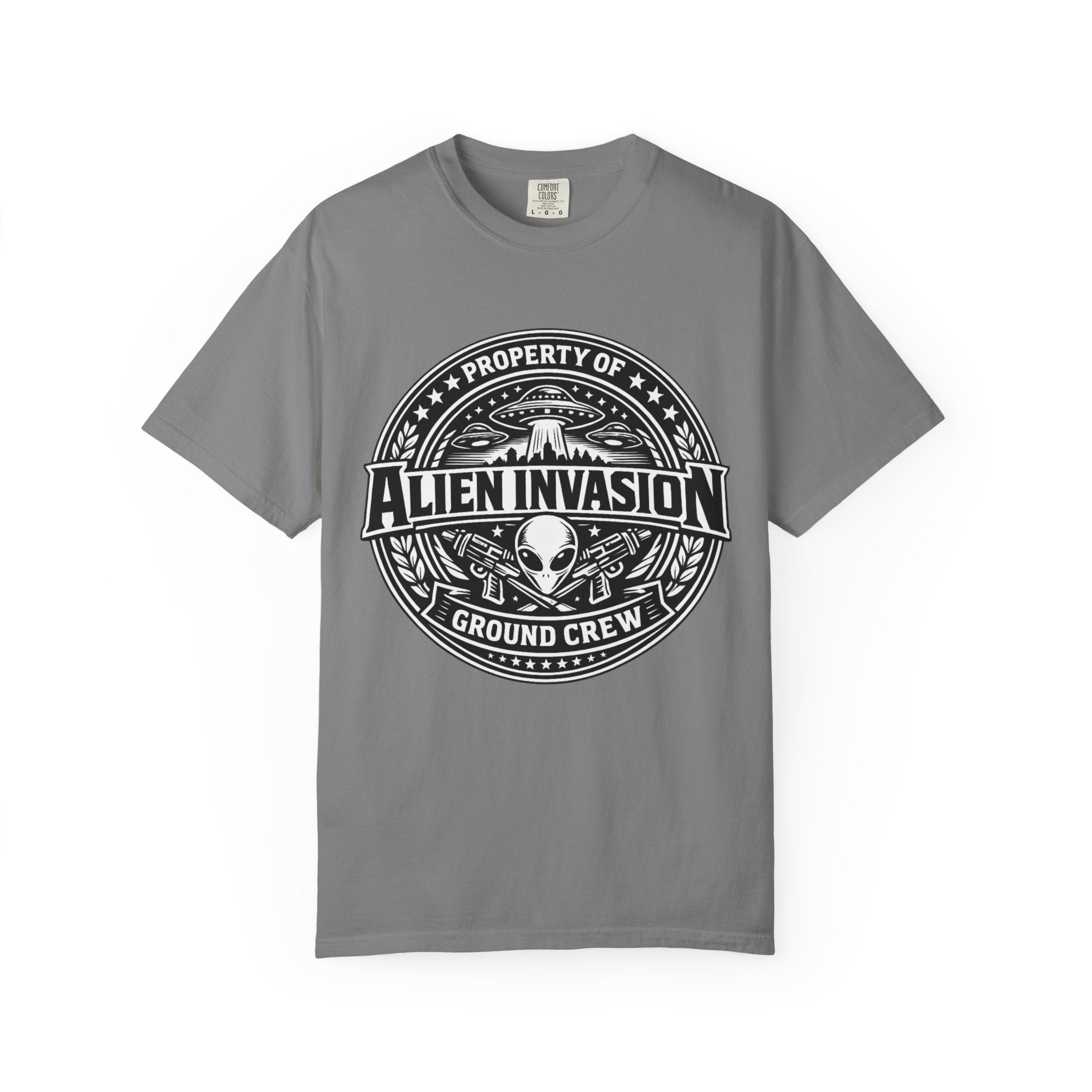 Alien Invasion Ground Crew T-Shirt | UFO Badge Graphic, Comfort Colors tee - Mutantur Labs LLC
