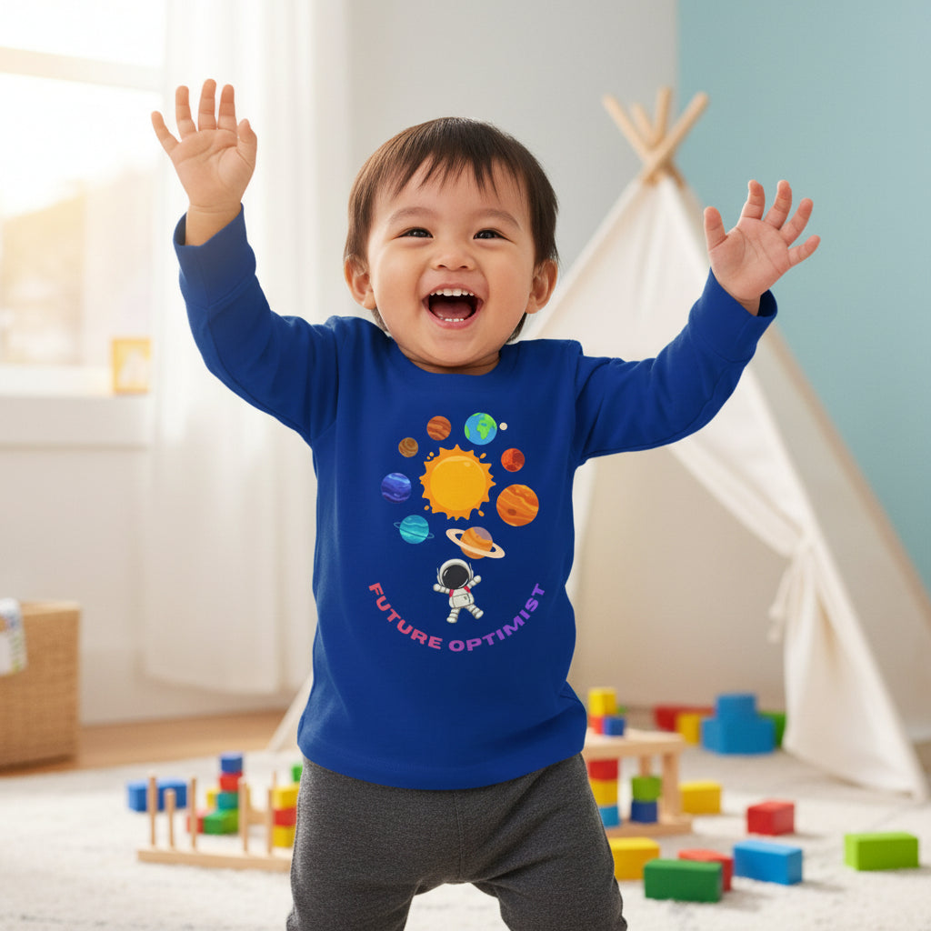 Future Optimist Astronaut toddler long sleeve tee | Solar System planets design - Mutantur Labs LLC