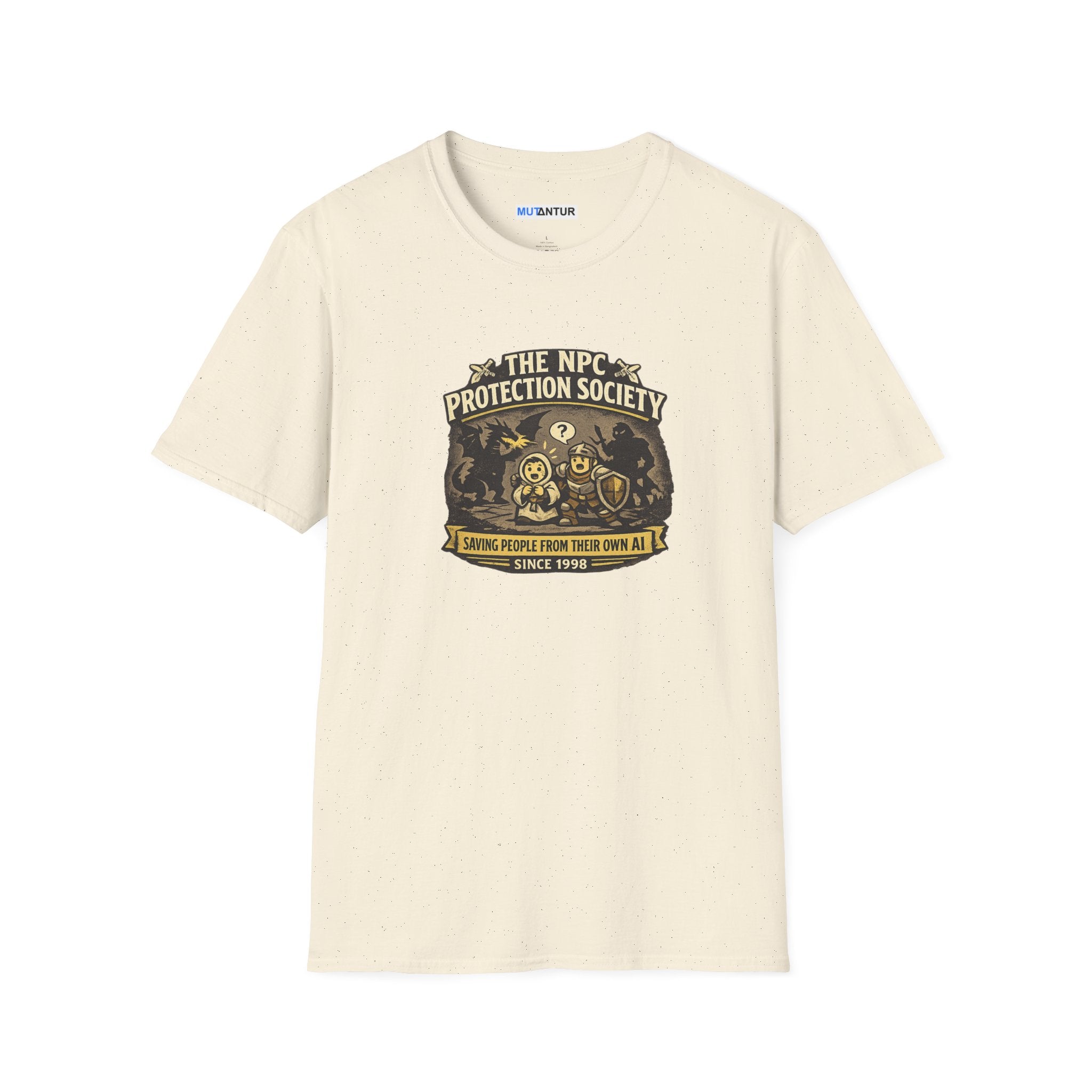 a beige short-sleeve crewneck t-shirt featuring a vintage-style graphic on the chest that reads 'The NPC Protection Society' with a gold and black illustration of a guard and shield.