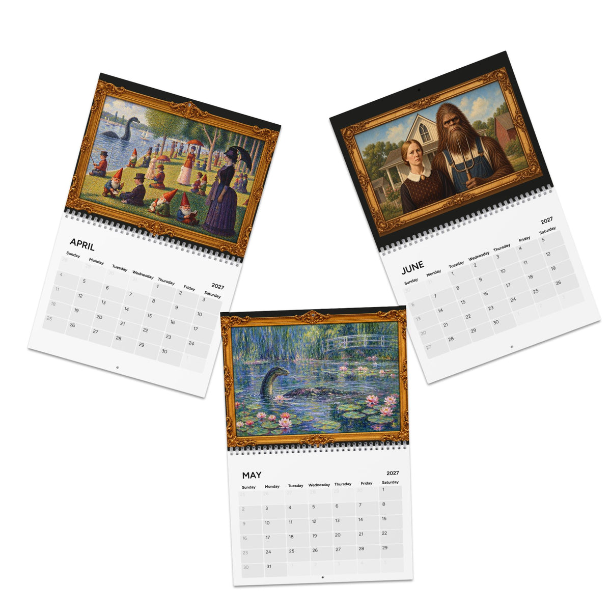 Three spiral-bound wall calendars shown on a white background, each featuring a different framed art print: a classical scene in April, a portrait in June, and a pond scene in May.