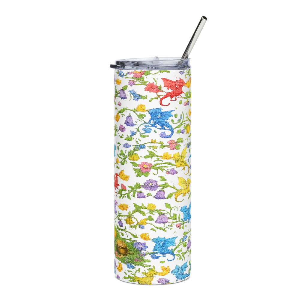Floral Dragon 20oz Stainless Steel Tumbler — Fantasy Dragon Travel Cup with Vines, Flowers & Hidden Details - Mutantur Labs LLC