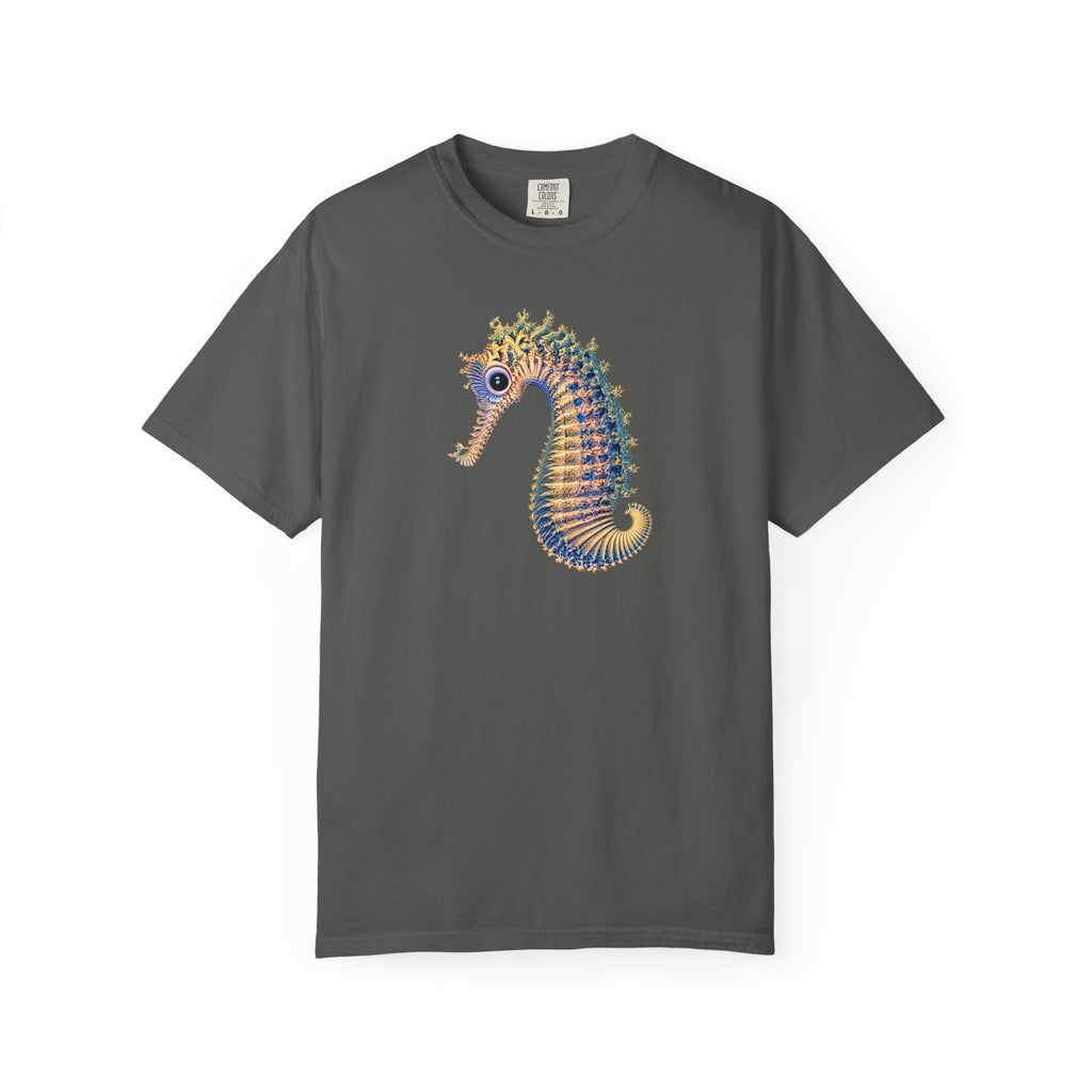 A gray  short-sleeve crewneck t-shirt featuring a colorful graphic of a seahorse on the center chest, displayed against a solid white background.