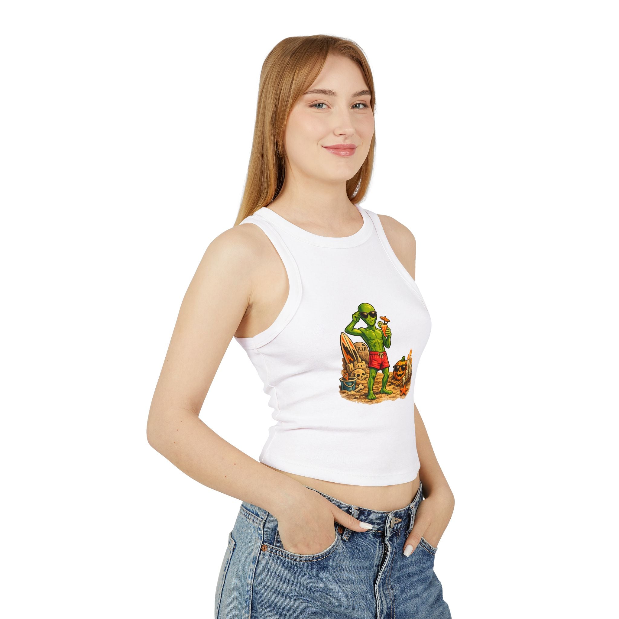 Alien on Vacation Crop Tank Top — Retro Summerween Beach Graphic