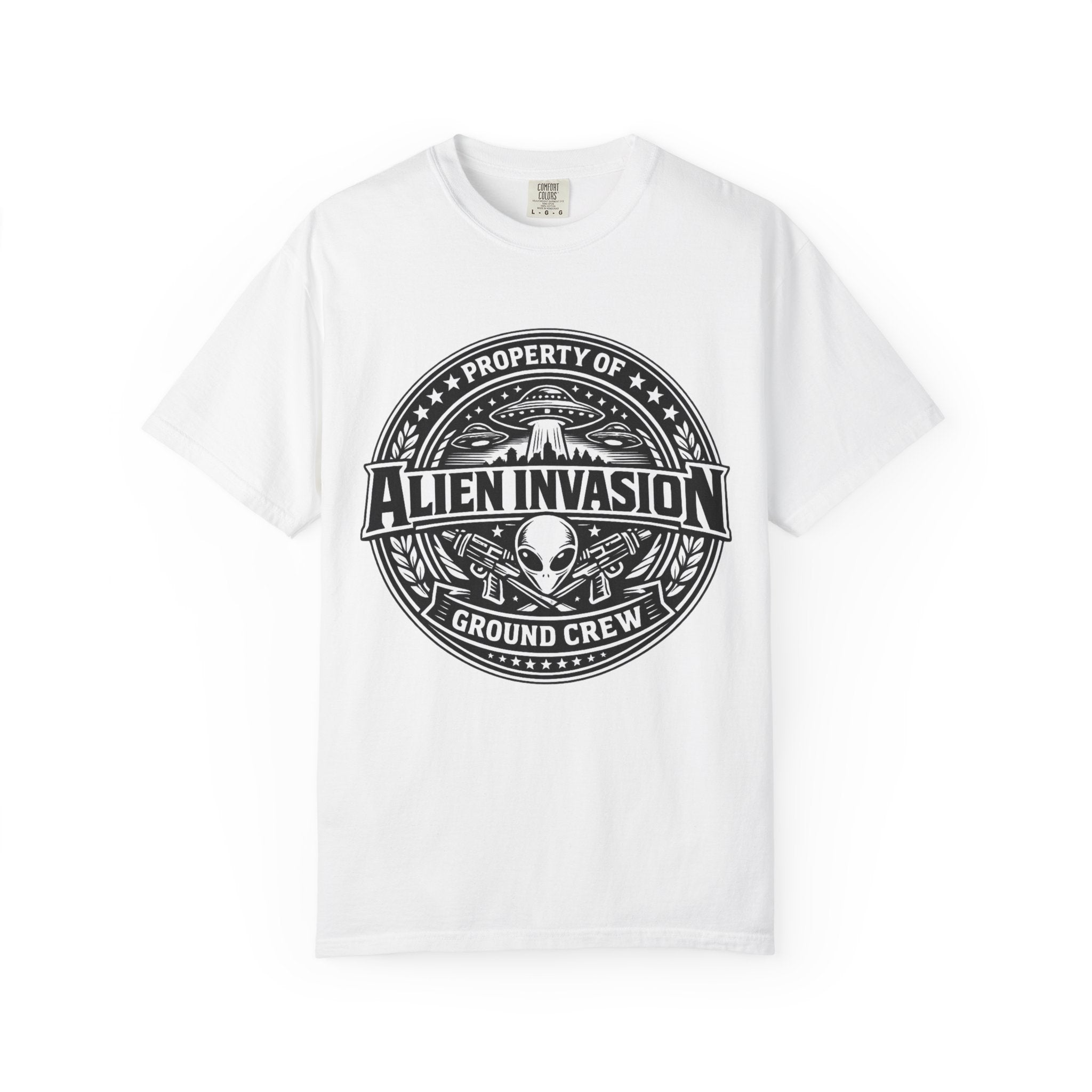 Alien Invasion Ground Crew T-Shirt | UFO Badge Graphic, Comfort Colors tee - Mutantur Labs LLC