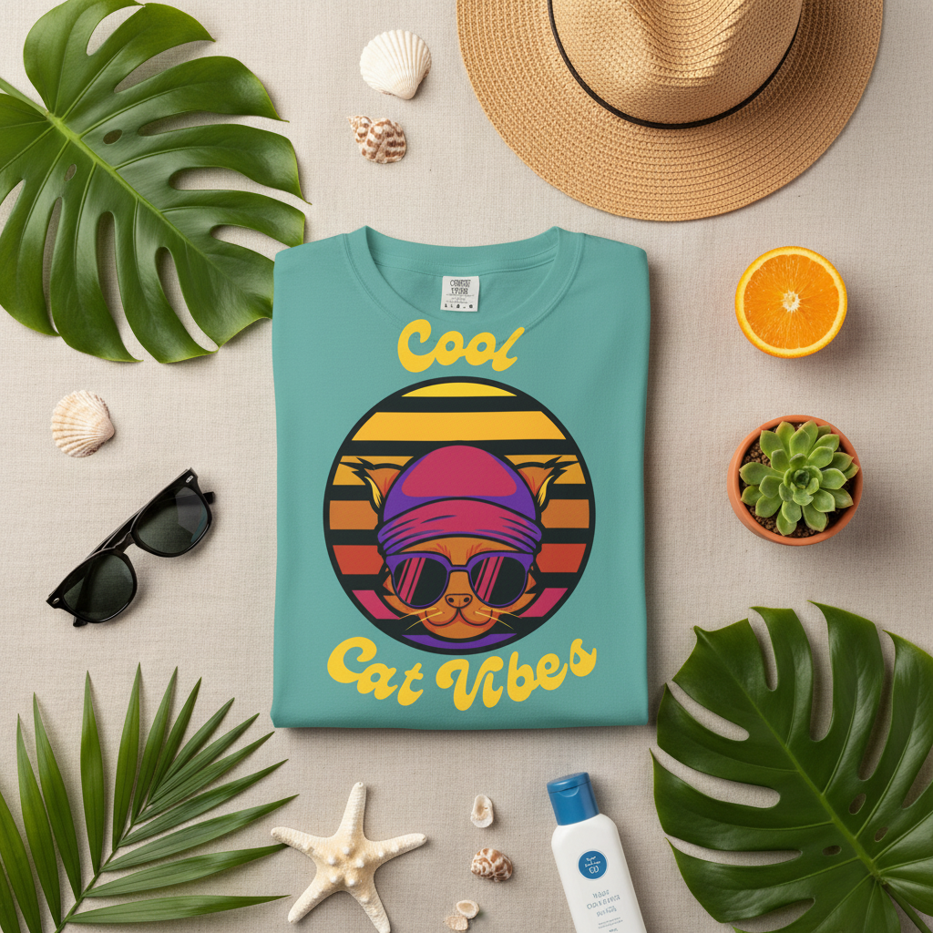 Cool Cat Vibes T-Shirt, funny cat graphic tee, front view