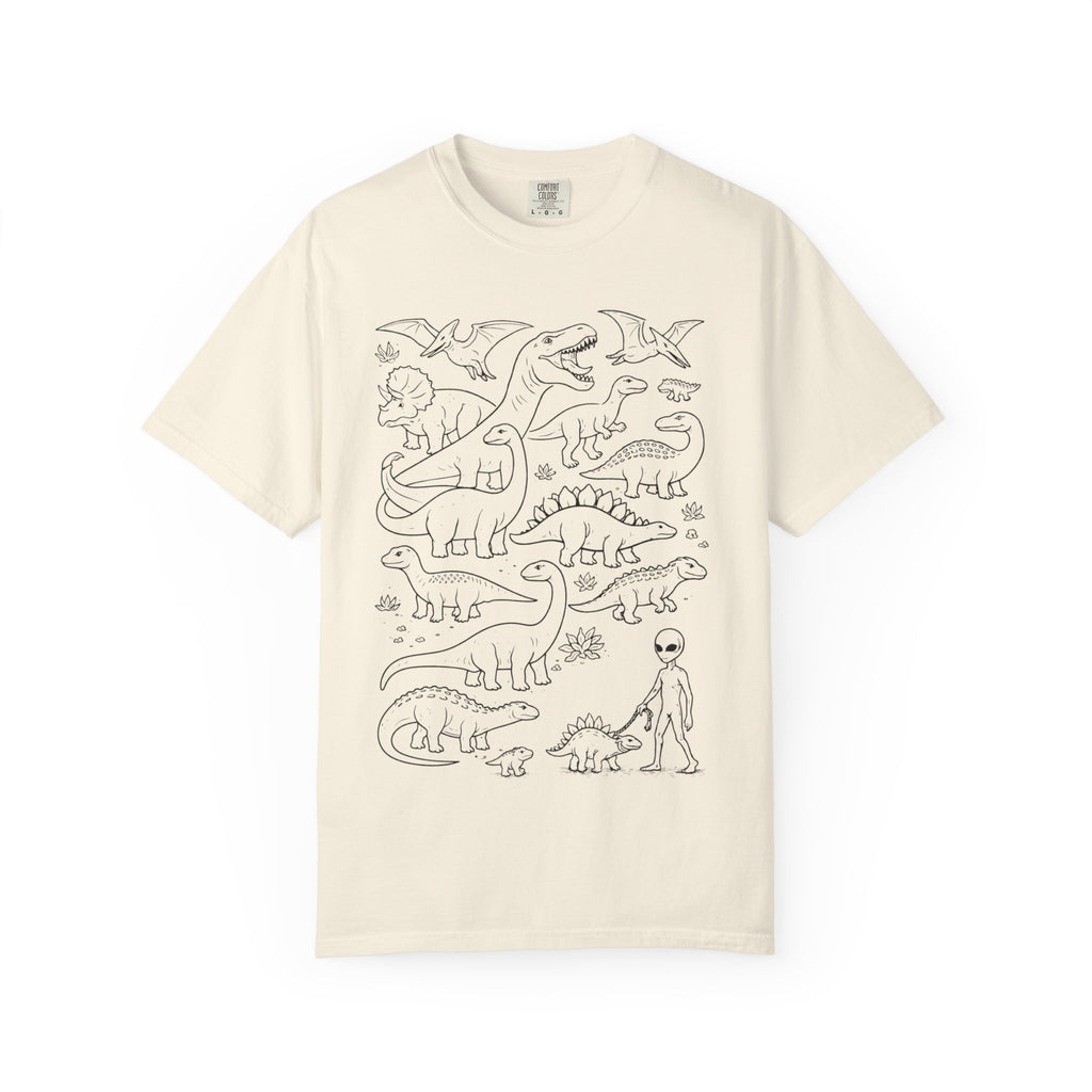 Alien and Dinosaur T-Shirt | Funny Line Art Graphic Tee - Mutantur Labs LLC