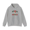 A gray pullover hoodie with a front graphic print featuring the text 'PEACE LOVE AND OH FOR F*CKS  SAKE' in green and red, alongside a peace sign and Santa hat illustration.