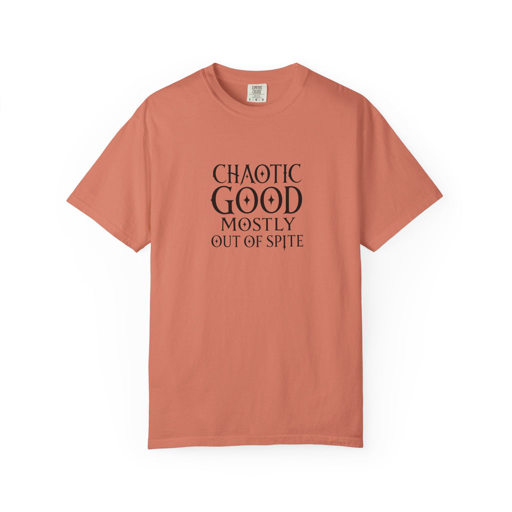 A coral short sleeved t-shirt with the words  Chaotic Good Mostly Out of Spite in black text on a white background