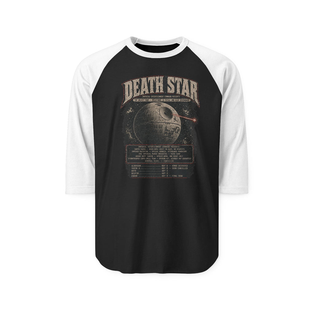 Black and white baseball shirt with 'Death Star' graphic design on a white background