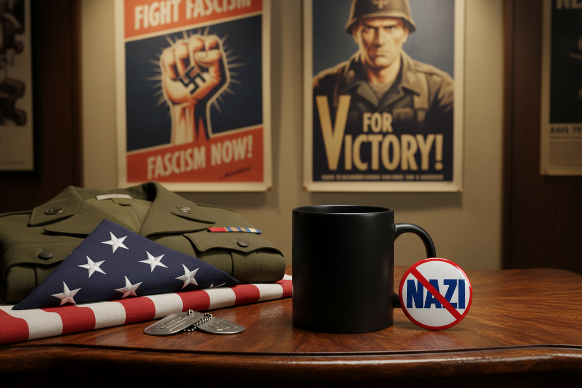 A black ceramic mug sits on a wooden table next to a round 'NAZI' protest sticker, with a folded American flag, military jacket, and dog tags in the foreground. Behind the scene, two vintage-style fascist posters are mounted on a wall.