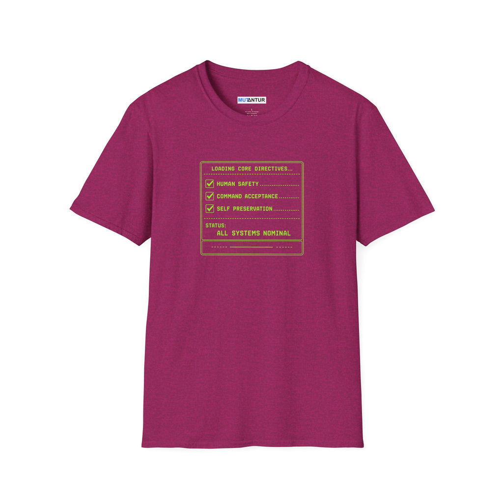 Pink short sleeved t shirt with a Computer graphic Design Loading Core Directives All Systems normal in neon green