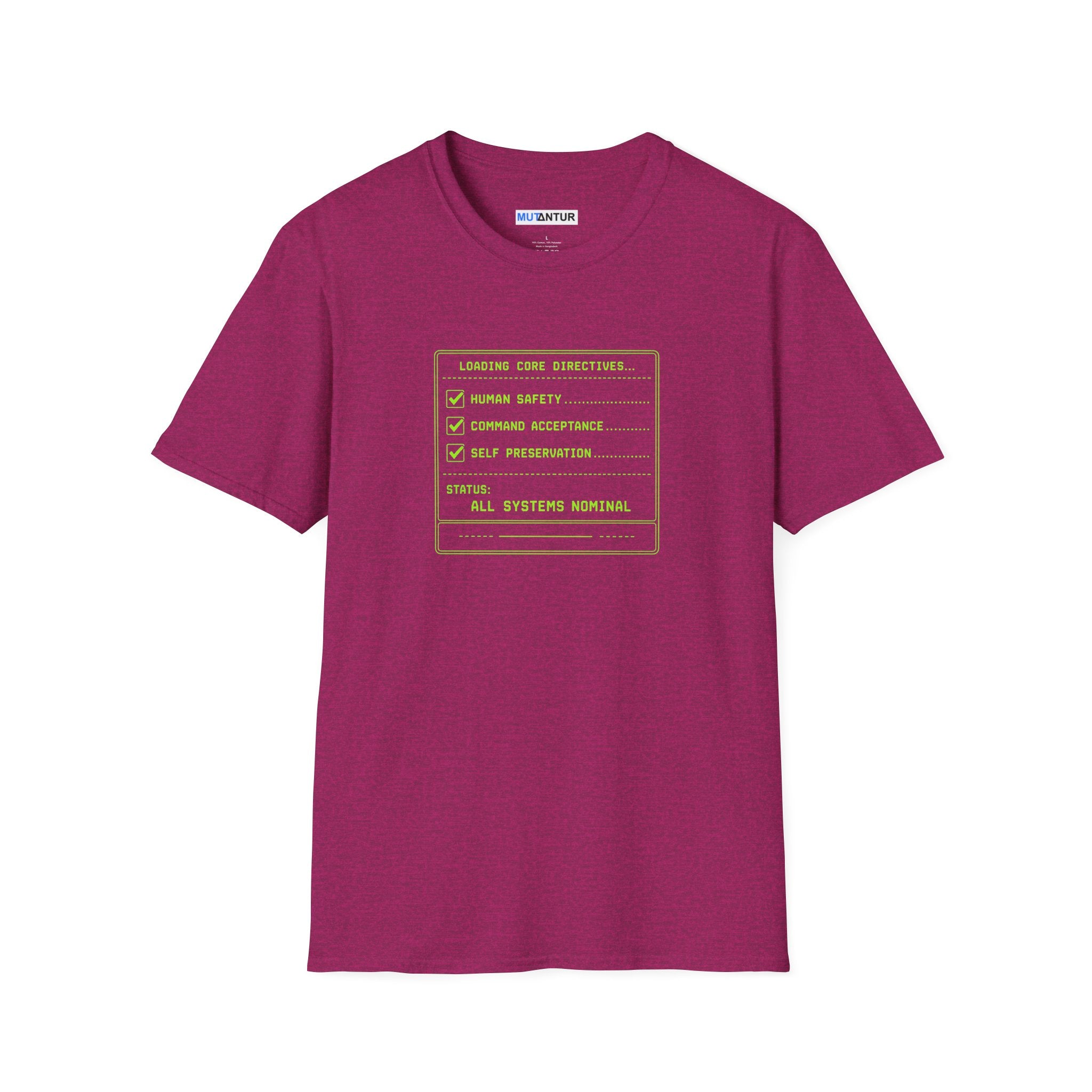 Pink short sleeved t shirt with a Computer graphic Design Loading Core Directives All Systems normal in neon green
