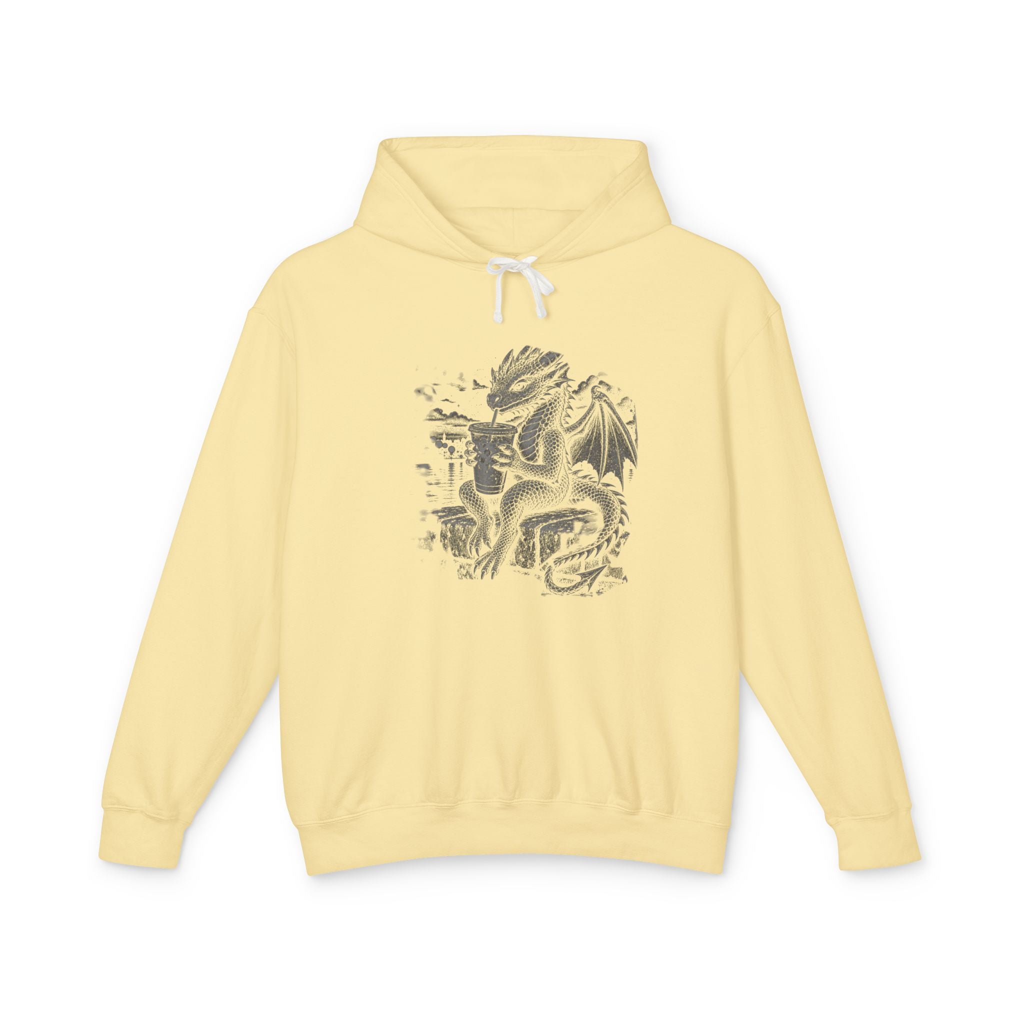A pale yellow pullover hoodie with a detailed black and gray dragon graphic printed on the center chest, shown against a plain white background.