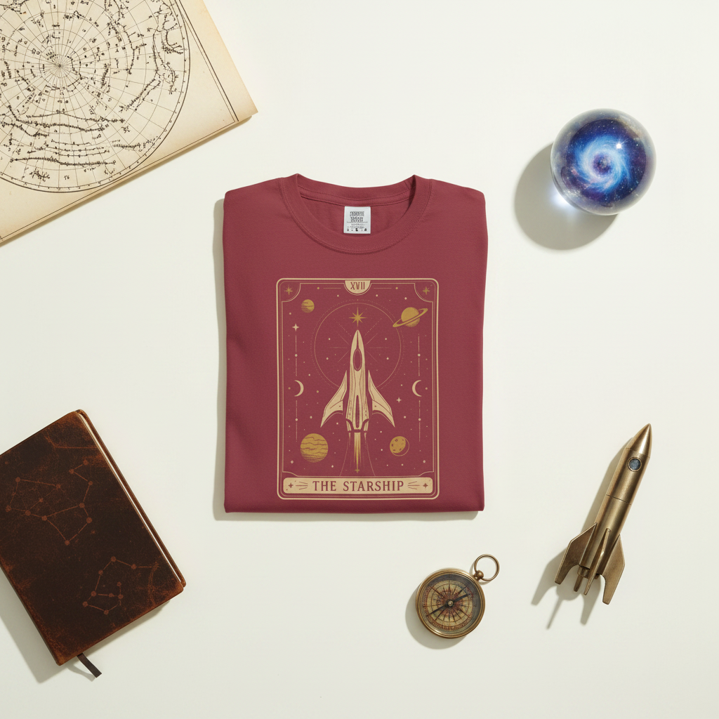 Starship Tarot vintage space graphic tee, close-up of design