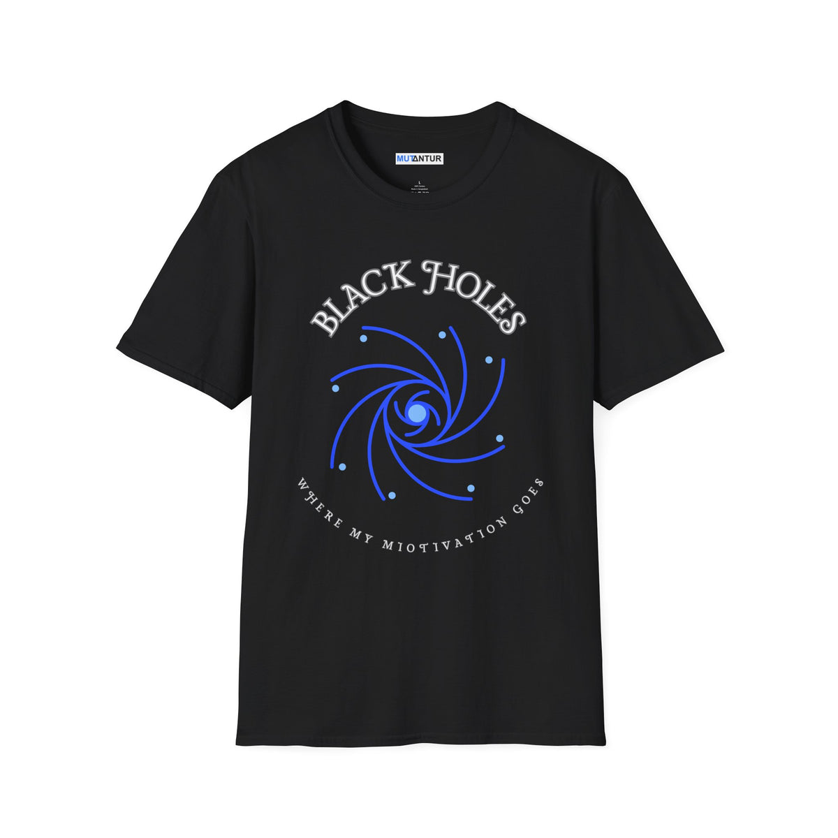 Black Holes Where My Motivation Goes celestial spiral graphic tee in black, front view