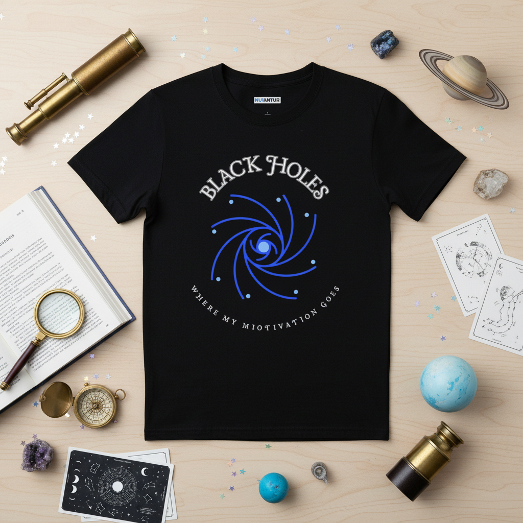 Black Holes Where My Motivation Goes celestial spiral graphic tee in black, flat lay styled with a telescope, book, magnifying glass, and space-themed props