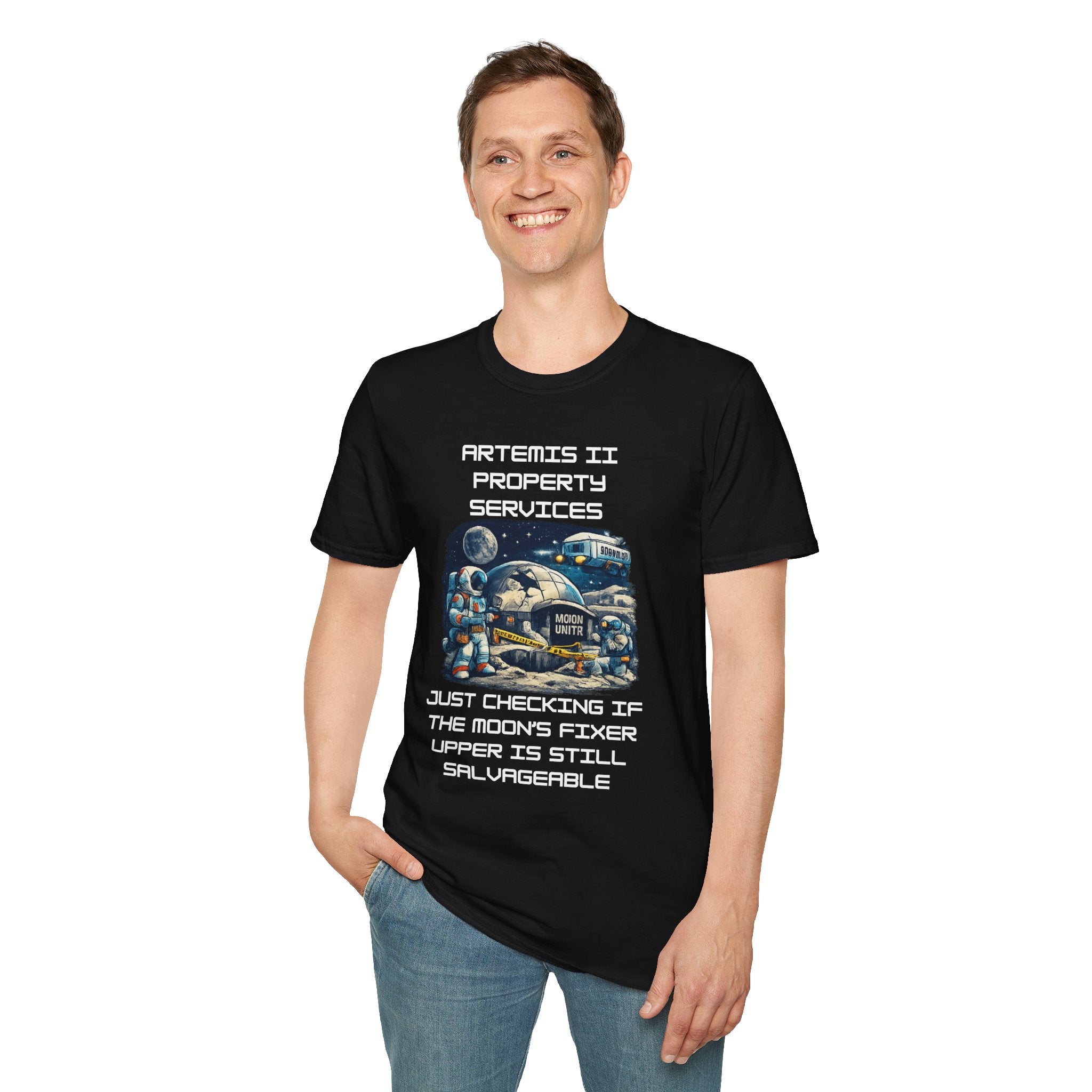 Moonbase Property Services T-Shirt — 'Artemis II Property Services' Space Repair Crew funny Tee - Mutantur Labs LLC