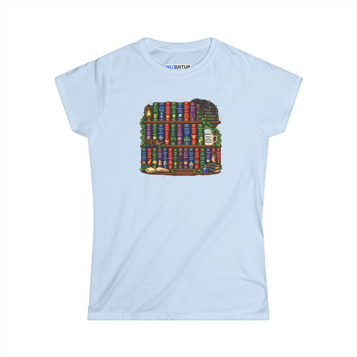 A light blue short-sleeve crewneck t-shirt featuring a colorful graphic of a bookshelf filled with books on the front, displayed against a solid white background.