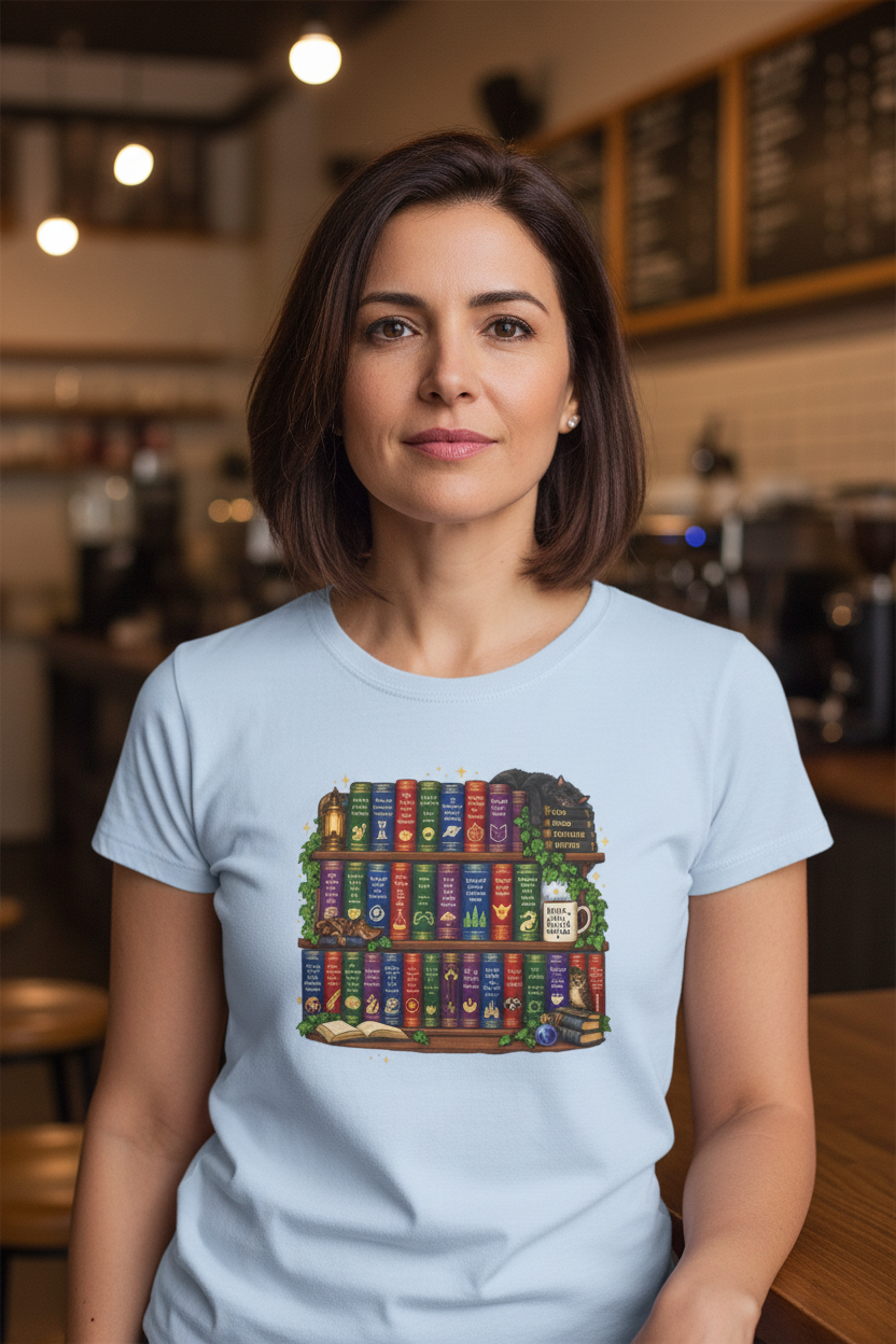 A woman with shoulder-length brown hair stands in a cafe setting wearing a light blue t-shirt with a colorful graphic of book spines on a shelf.