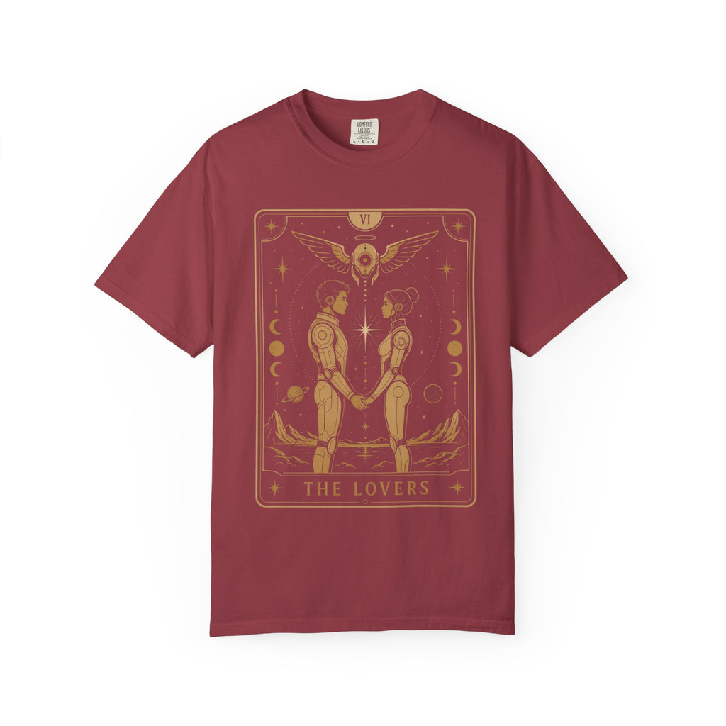 a red Comfort Colors t-shirt featuring The Lovers from the Future Arcana collection, inspired by The Lovers tarot card. Two futuristic figures stand together beneath a radiant celestial sky, framed by elegant Art Deco details in gold line art on a transparent background.