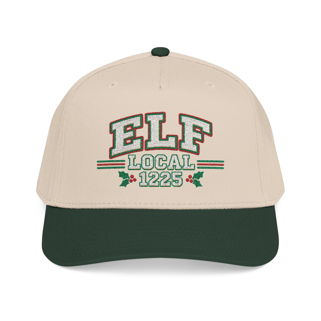 A structured baseball cap with a cream-colored crown and a dark forest green visor. The front of the crown features a custom embroidered design reading 'ELF LOCAL 1225' in green and white with red outlines, flanked by small holly leaves.