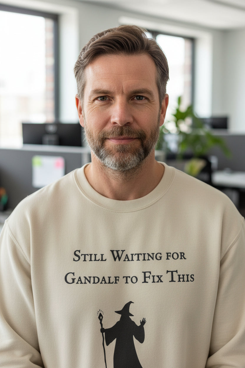 Gandalf Crewneck Sweatshirt – "Still Waiting for Gandalf to Fix This" Fantasy Graphic Pullover - Mutantur Labs LLC