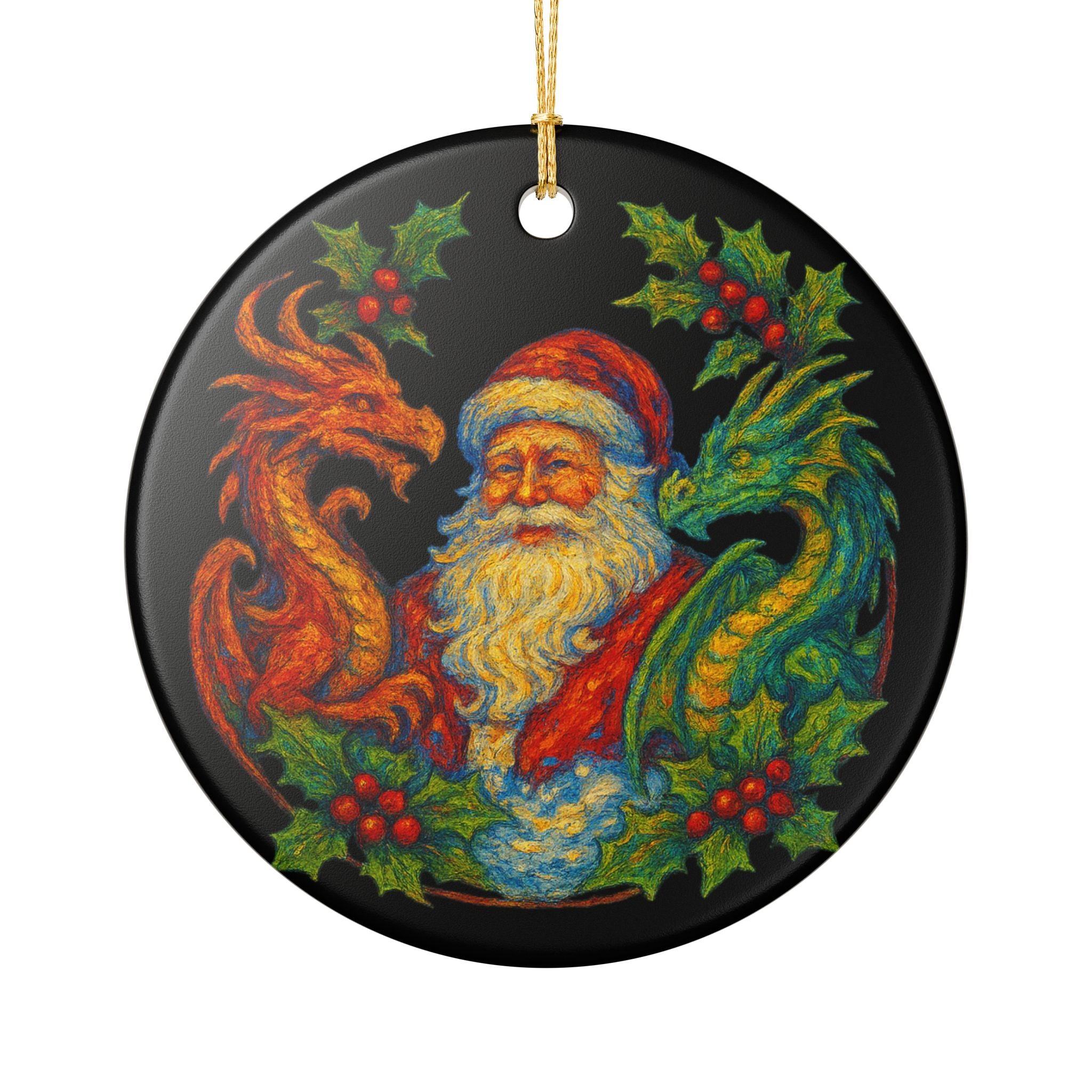 Round black Christmas ornament featuring Santa Claus surrounded by red dragons, green holly leaves, and red berries, with a gold hanging string at the top.