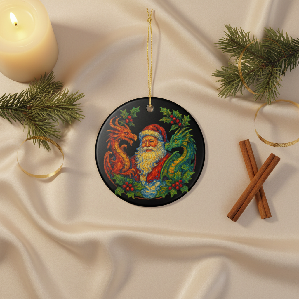 Santa & Dragons Ceramic Ornament — Fantasy Holiday Keepsake