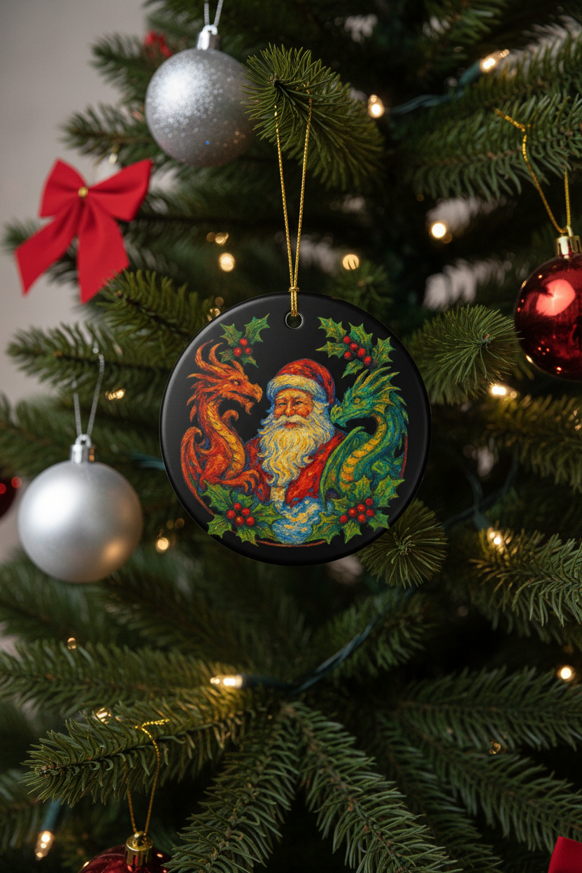 Santa & Dragons Ceramic Ornament — Fantasy Holiday Keepsake