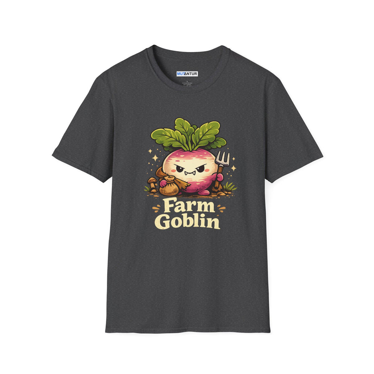 Grumpy Turnip Farm Goblin graphic tee in dark heather gray, front view flat mockup