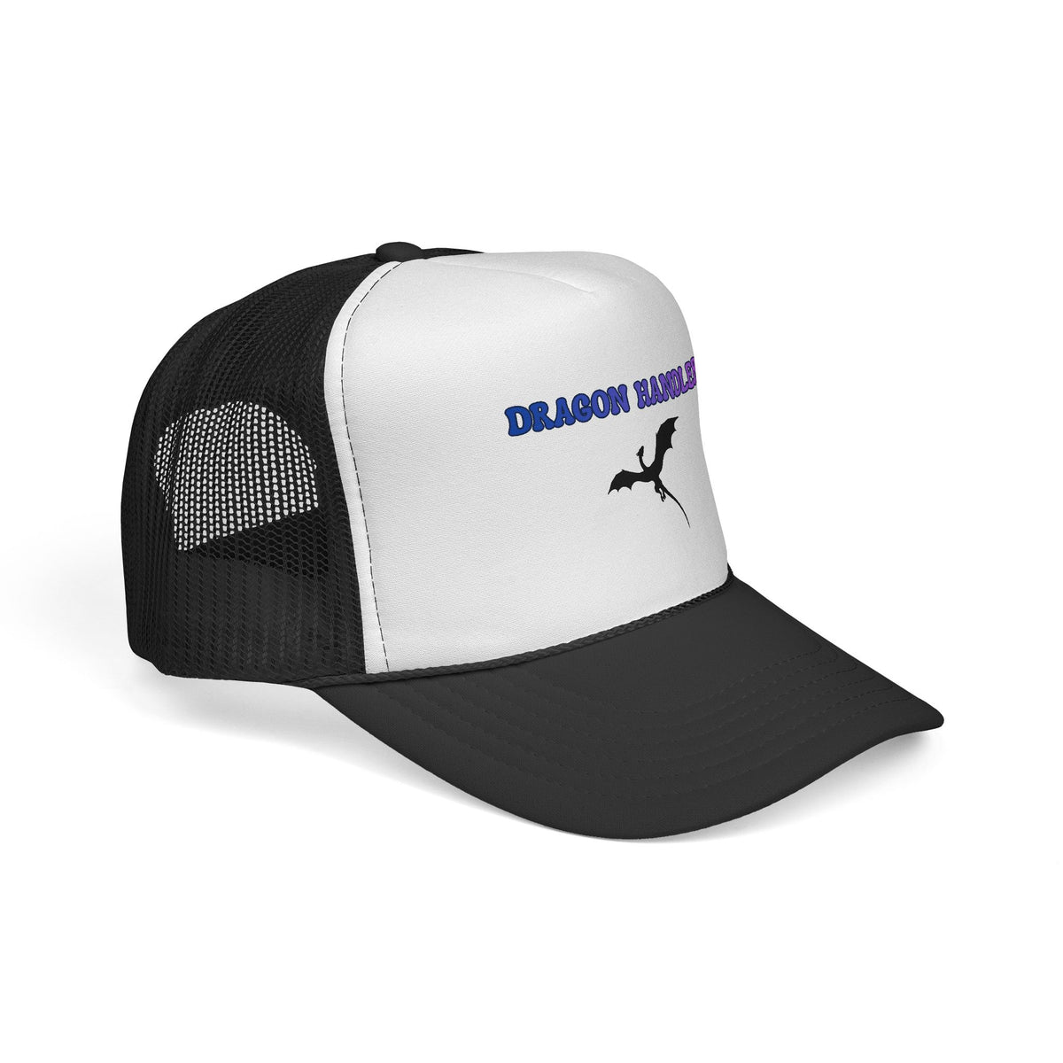 Dragon Handler trucker cap with dragon silhouette in black and white, angled side view