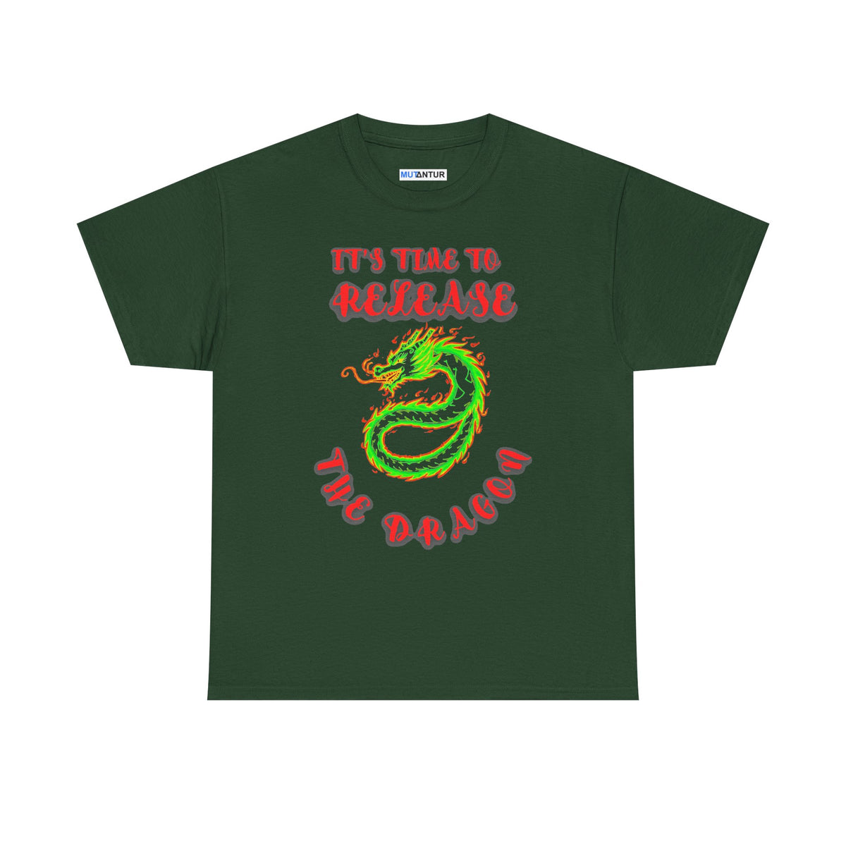 It's Time to Release the Dragon green fire dragon graphic t-shirt in dark green, front view