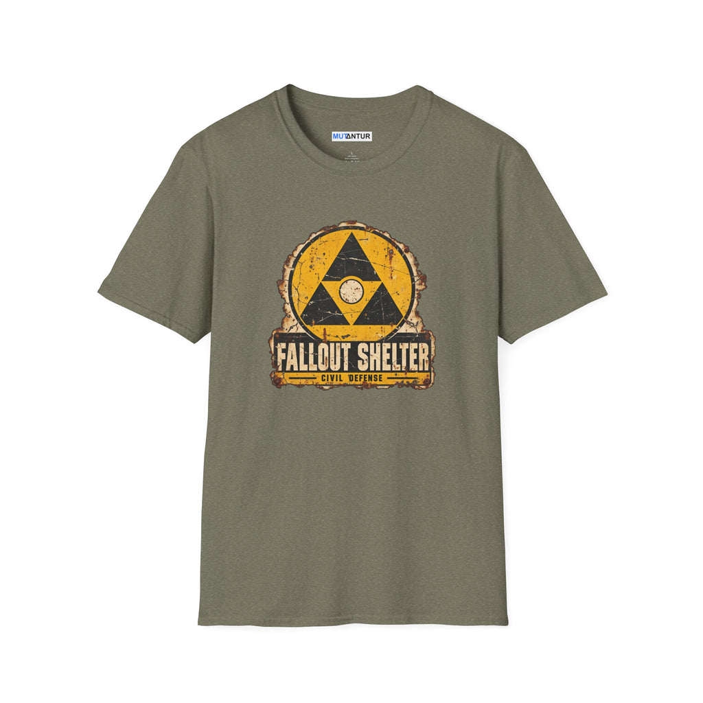 A grey  crew neck shirt with a vintage graphic depicting a  yellow and black  Fallout Shelter design with the words Civil Defense at the bottom against a white background