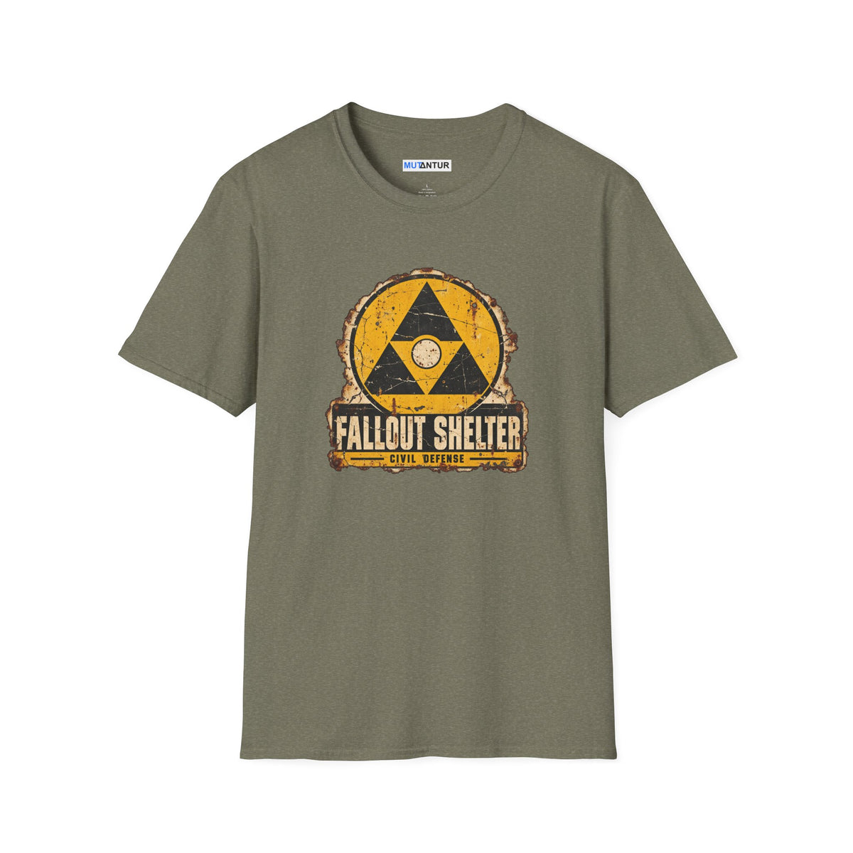 A grey  crew neck shirt with a vintage graphic depicting a  yellow and black  Fallout Shelter design with the words Civil Defense at the bottom against a white background
