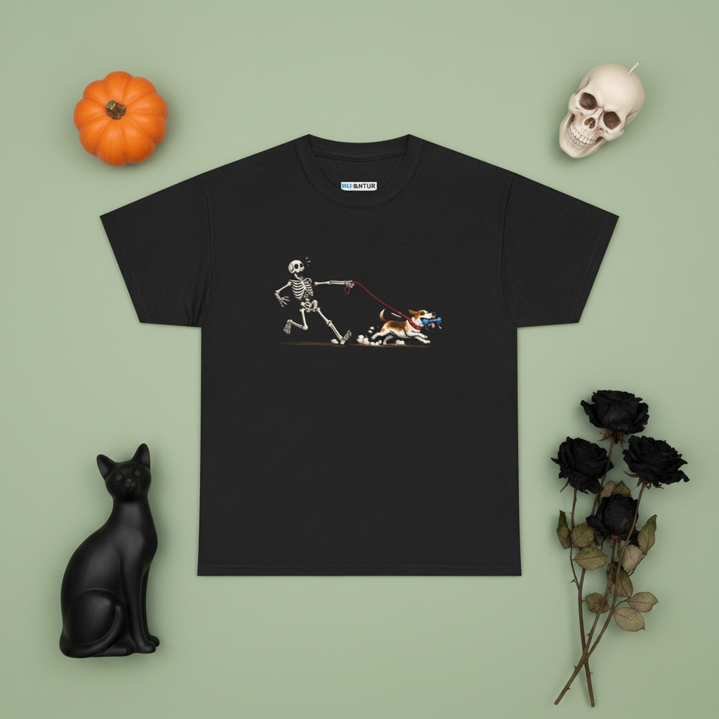 Skeleton Walking Dog funny Halloween pet graphic tee, front view
