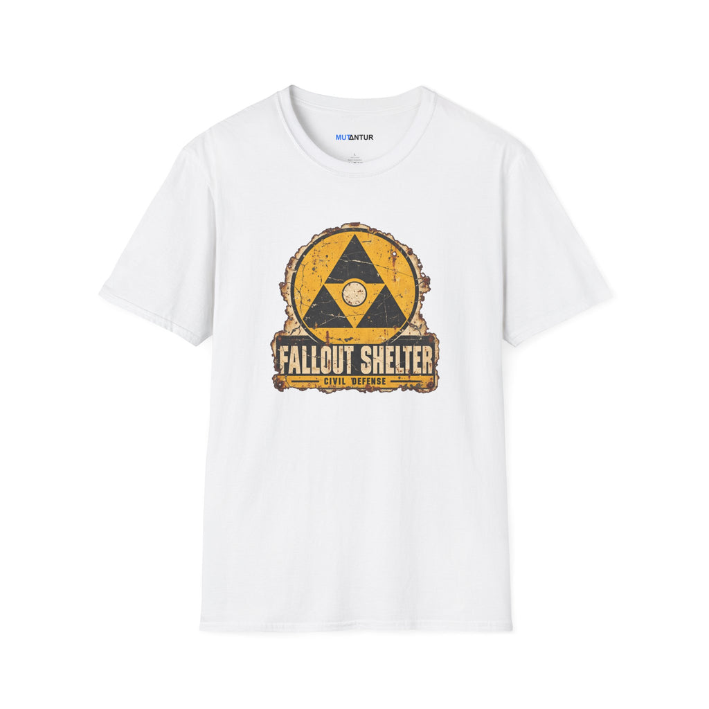 white t shirt with a vintage graphic depicting a  yellow and black  Fallout Shelter design 