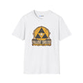 white t shirt with a vintage graphic depicting a  yellow and black  Fallout Shelter design 