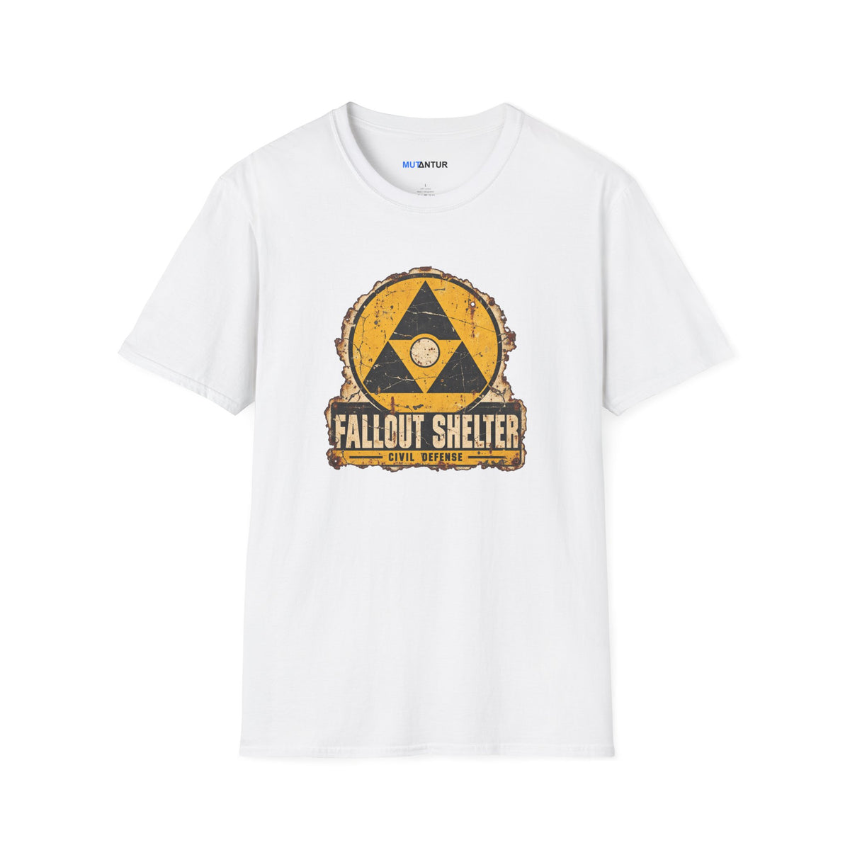 white t shirt with a vintage graphic depicting a  yellow and black  Fallout Shelter design 