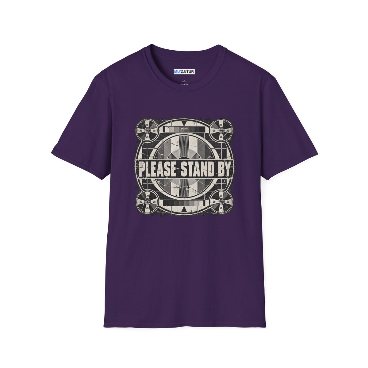 a purple crew neck t shirt with a retro black and white television display sign that reads  PLEASE STAND BY against a white background