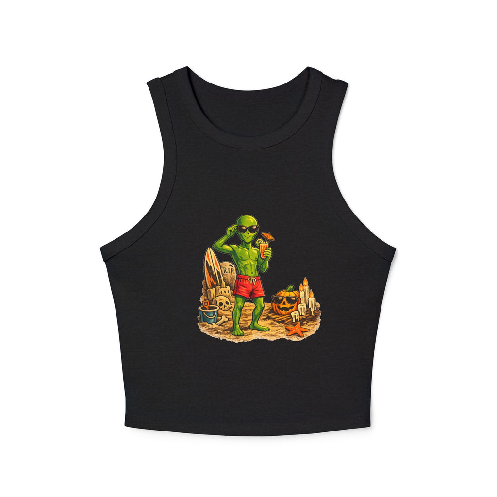 Black tank top with a graphic of a green alien in a swimsuit on a white background